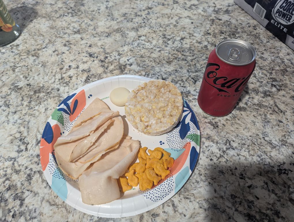 Chicken, cheese, rice cake, goldfish